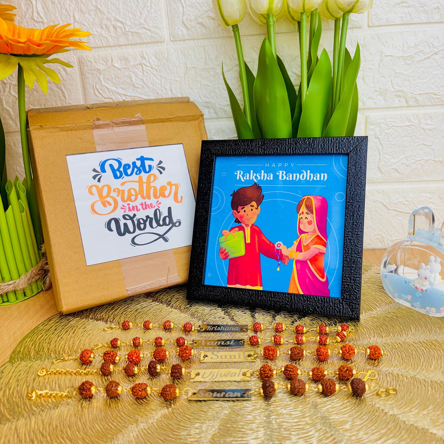 5 Customised Rudraksh Rakhi Gift + FREE Frame | Name Rakhi with Frame & Packaging | Raksha Bandhan SpeciaL