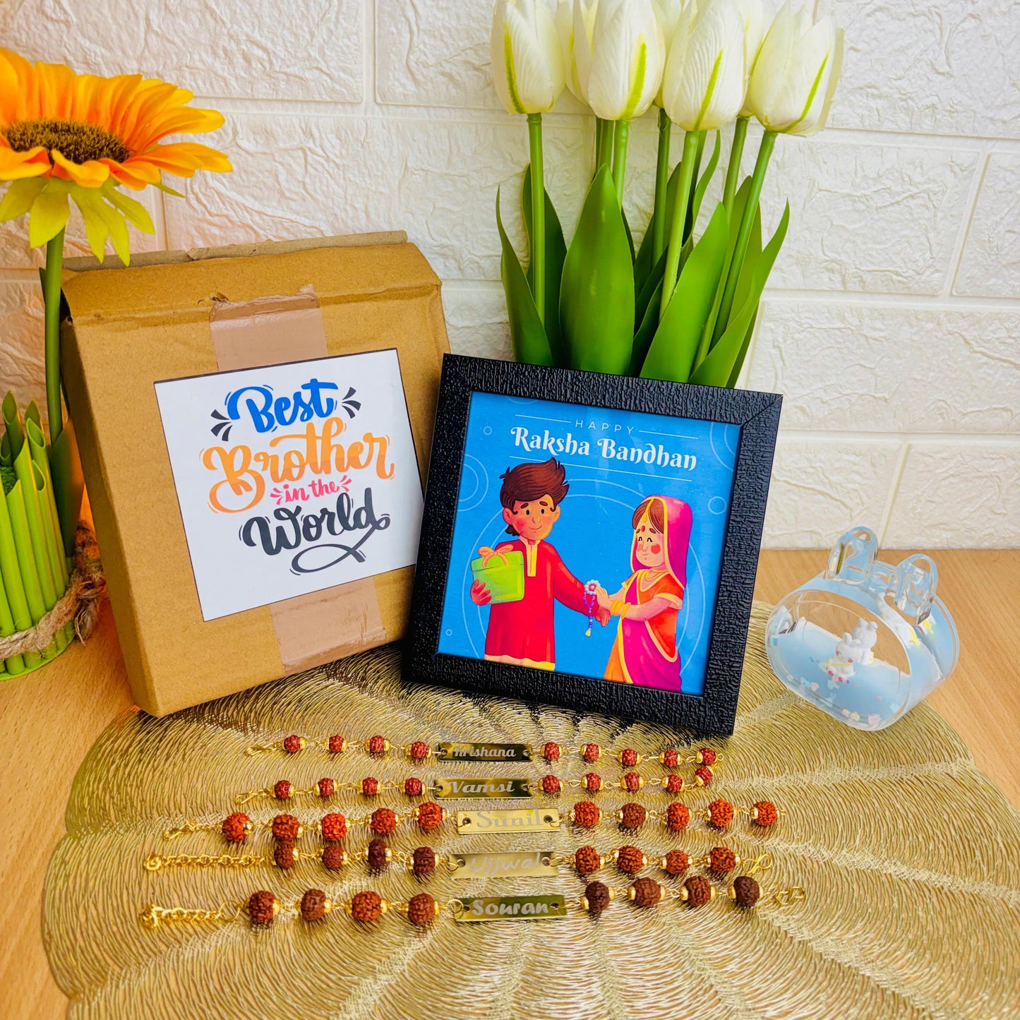 5 Customised Rudraksh Rakhi Gift + FREE Frame | Name Rakhi with Frame & Packaging | Raksha Bandhan SpeciaL